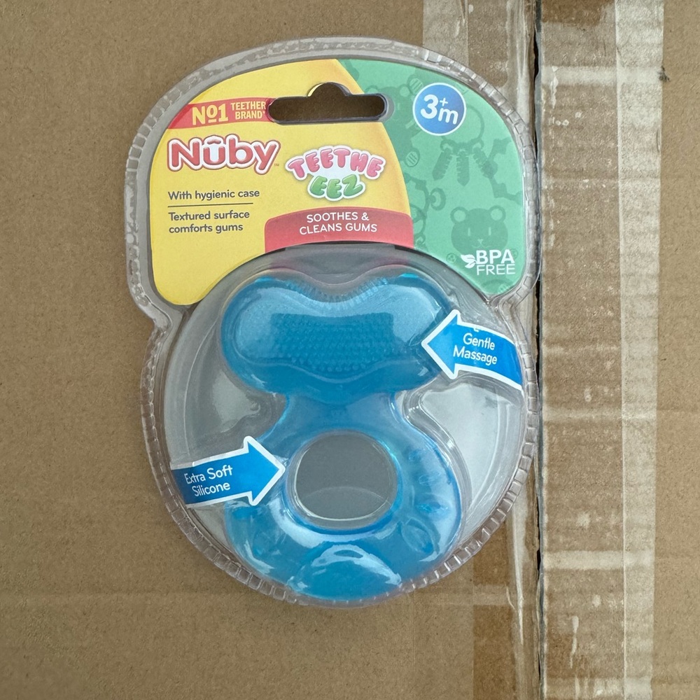 3 Nuby Silicone Teethe-EEZ Teether with Bristles, Includes Hygienic Case, Blue
